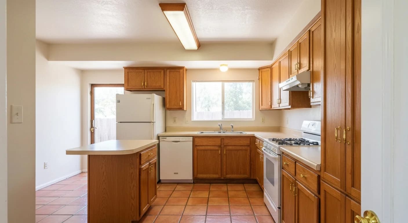 Dated San Diego kitchen before remodel, oak cabinets and laminate