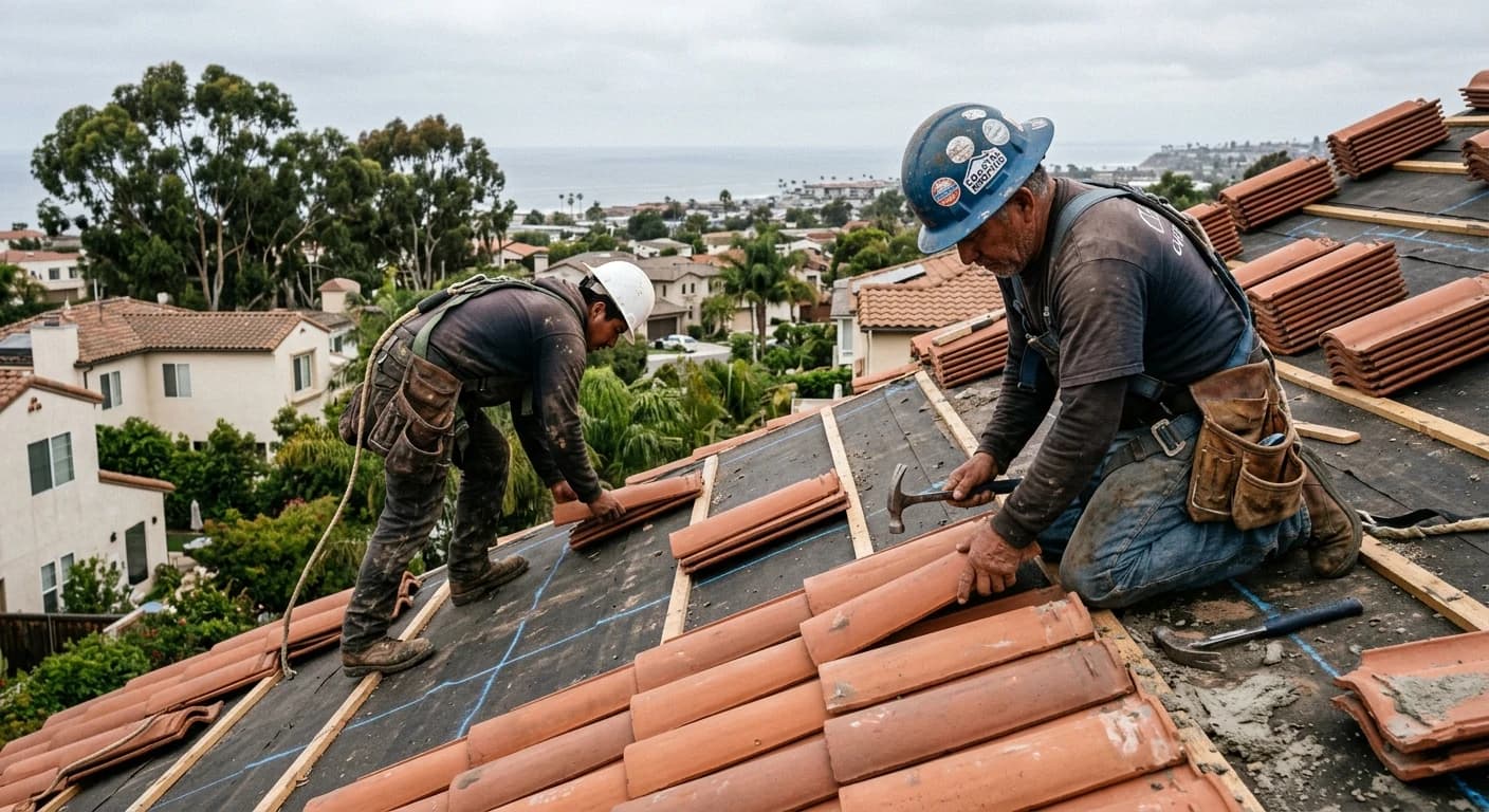 Peak Builders crew installing tiles