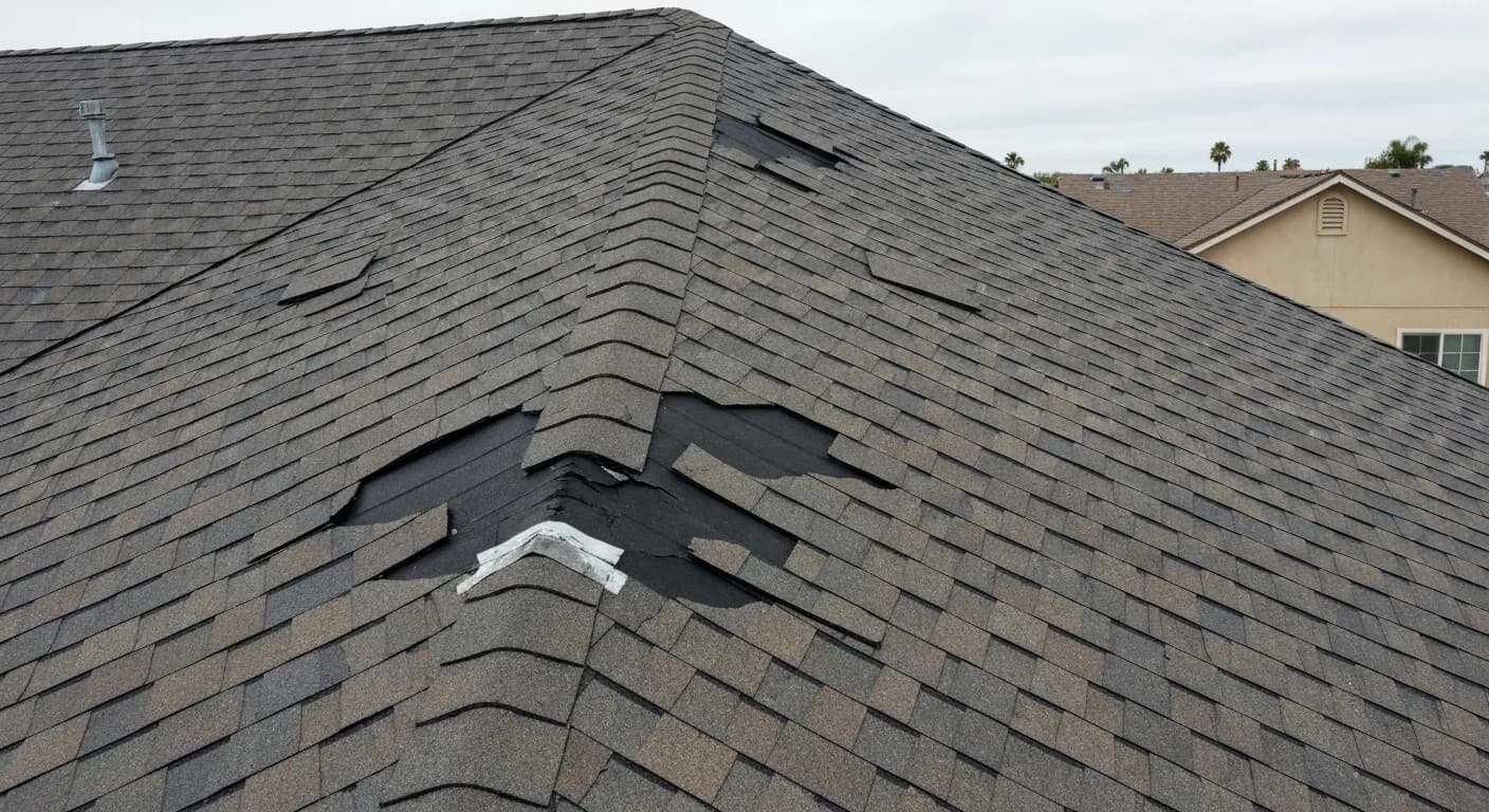 Roof with damaged shingles found during San Diego inspection