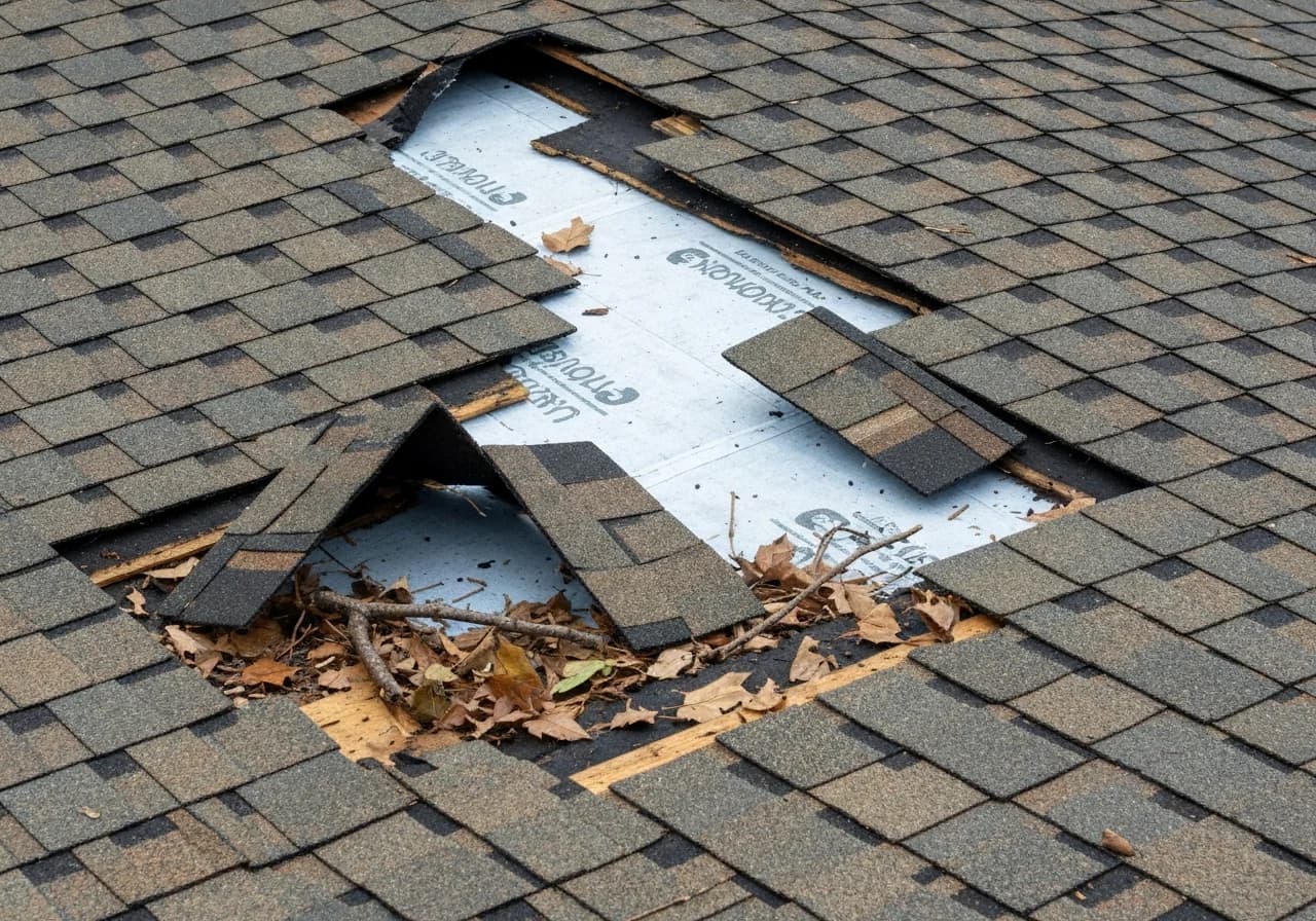 Storm damage to San Diego roof before repair