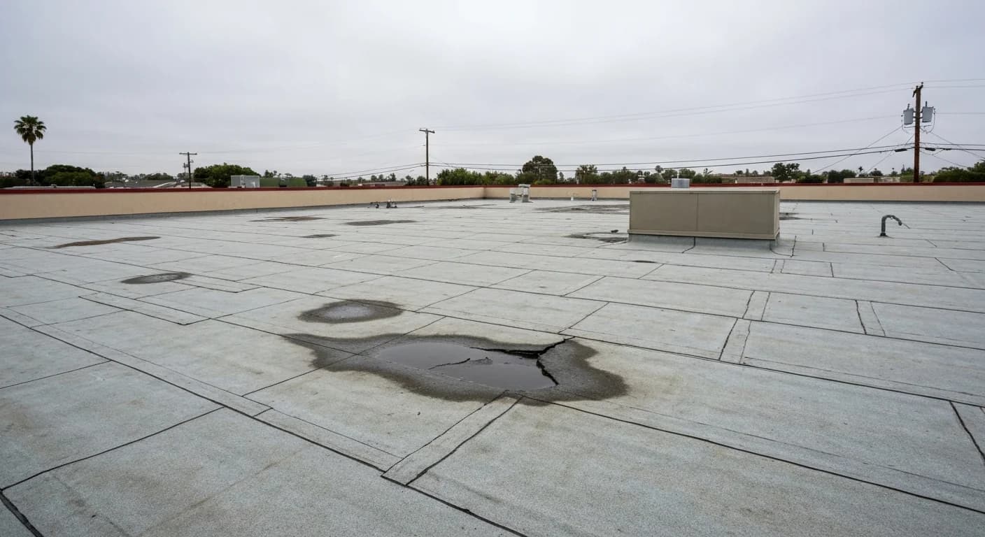 Old gravel built-up flat roof before TPO replacement in San Diego