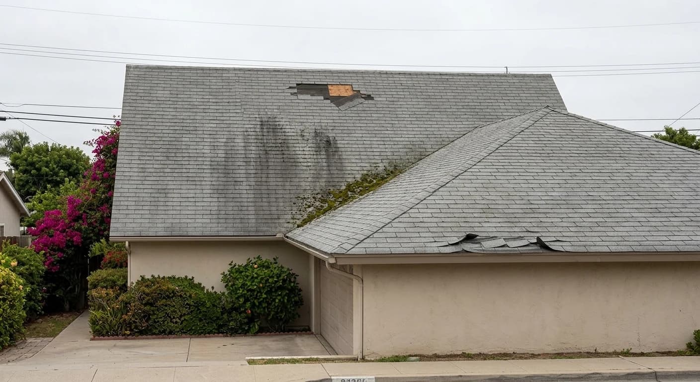 Damaged asphalt shingle roof before repair in San Diego