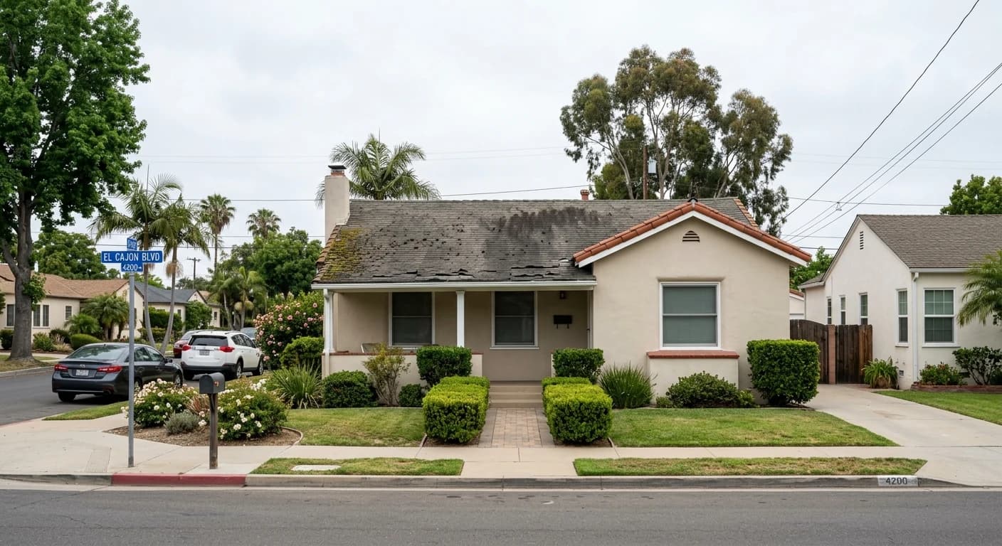 Worn asphalt shingle roof before full replacement in San Diego