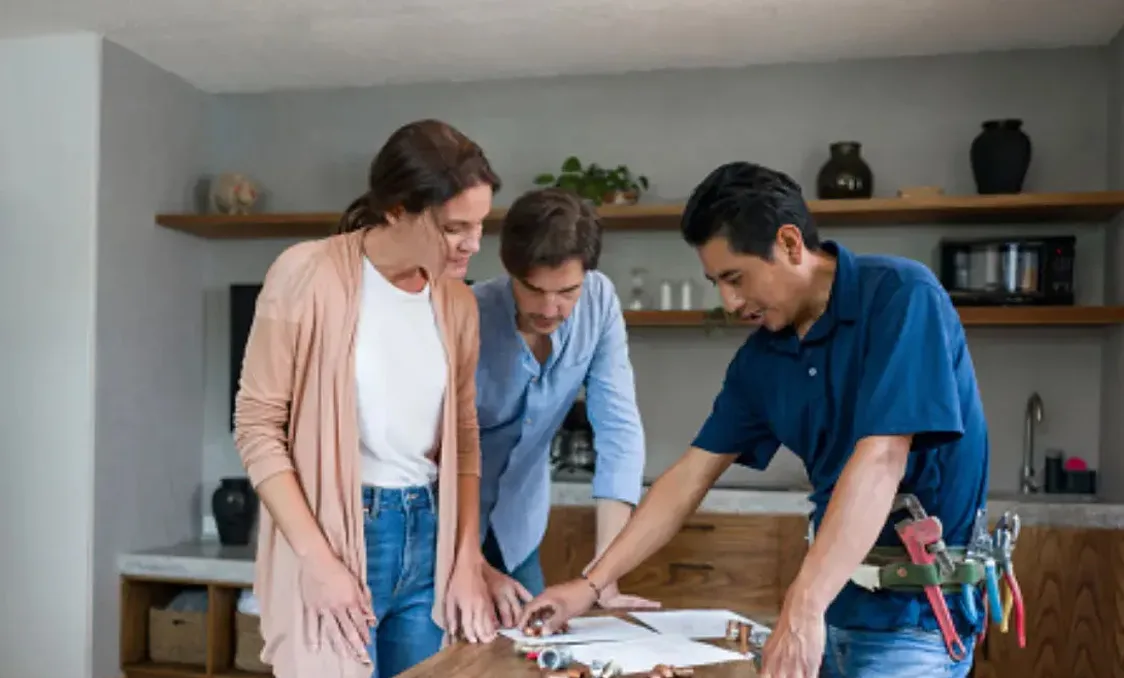 Family reviewing roofing plans with a contractor