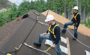 A roofing material estimator assesses roofing project's needs