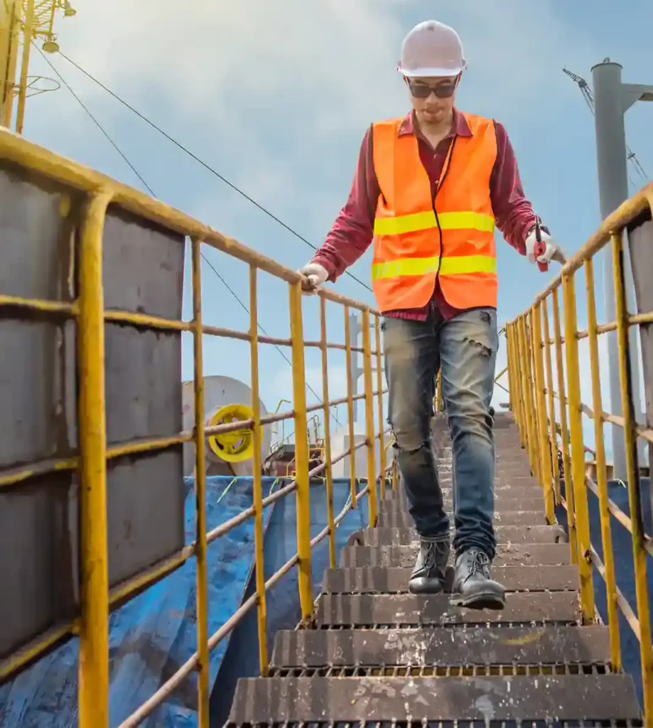 Man with safety hat walking down ramp with stairs