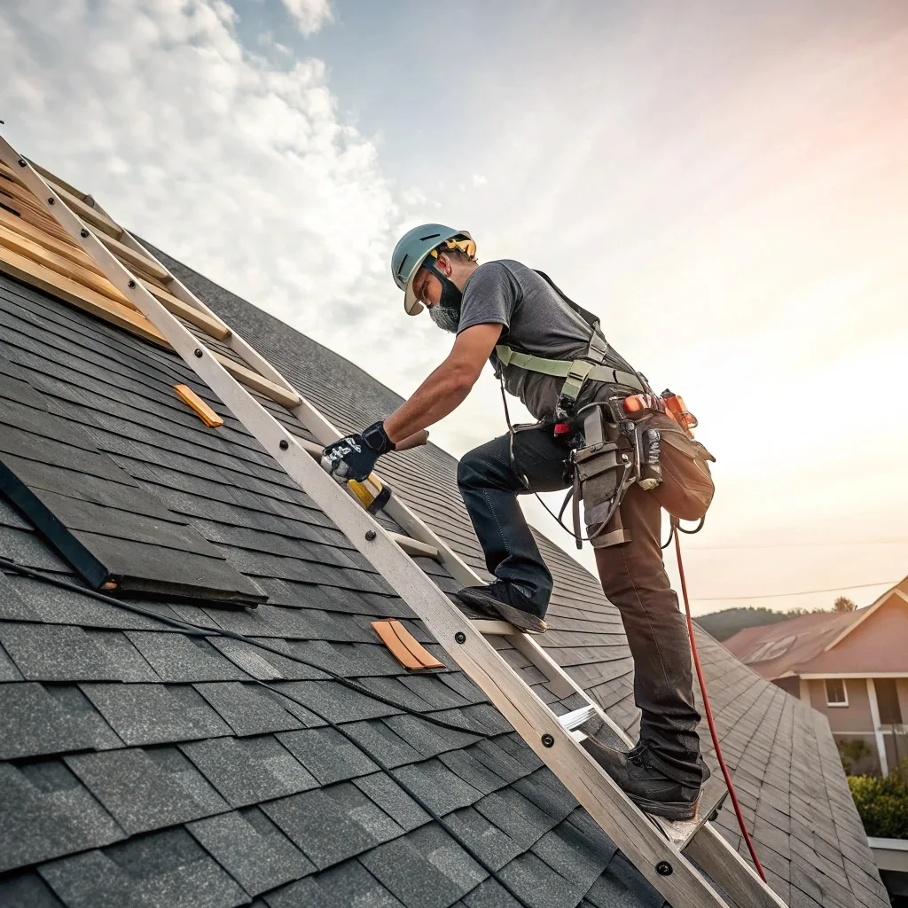 Roof Repair 1 a professional roofer installing asphalt shingles